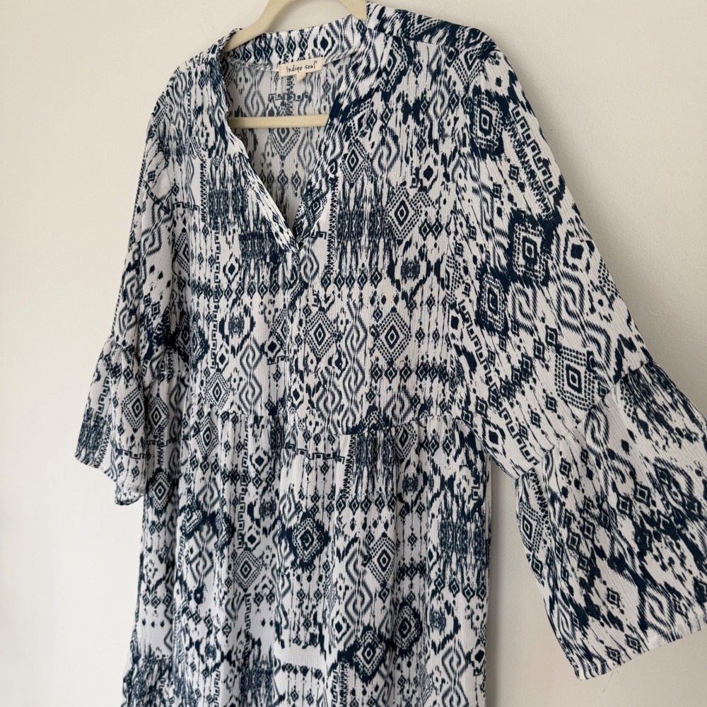 Indigo Soul Women's Midi Summer Dress Large Aztec Blue White Artsy Boho Coastal - Picture 5 of 13